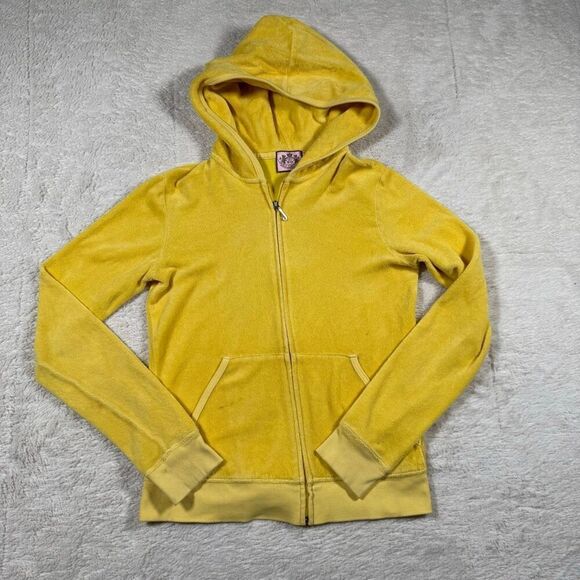 Vintage Y2K Juicy Couture Women’s Velour Hoodie Zip Up Yellow Sweatshirt - Picture 1 of 6